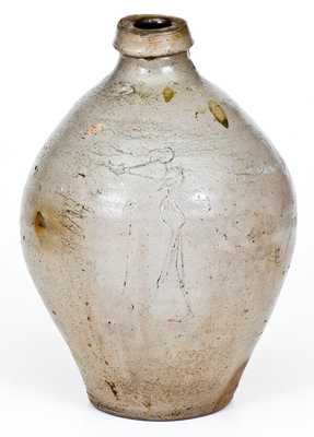 One-Gallon Incised Ohio Stoneware Jug with Figural Decoration, c1835