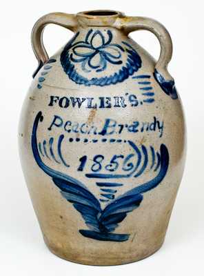 FOWLERS. / Peach Brandy / 1856 Seven-Gallon Double-Handled Ohio Stoneware Jug with Profuse Cobalt Decoration