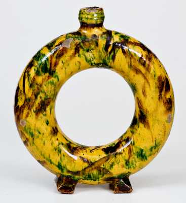 Exceptional New England / New York State Redware Ring Flask w/ Multi-Colored Slip Decoration
