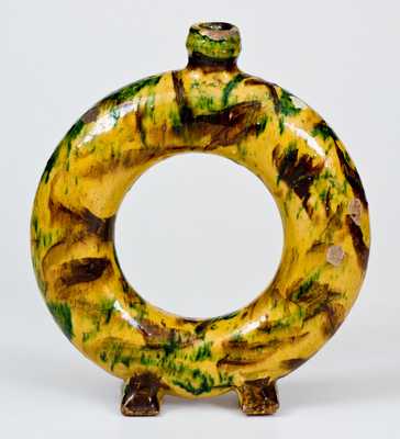 Exceptional New England / New York State Redware Ring Flask w/ Multi-Colored Slip Decoration