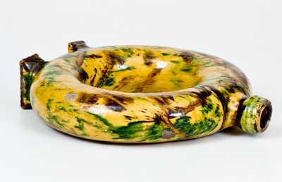 Exceptional New England / New York State Redware Ring Flask w/ Multi-Colored Slip Decoration