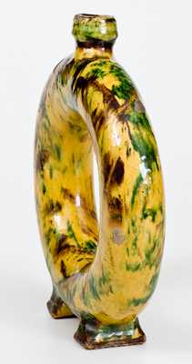 Exceptional New England / New York State Redware Ring Flask w/ Multi-Colored Slip Decoration