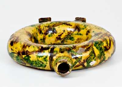 Exceptional New England / New York State Redware Ring Flask w/ Multi-Colored Slip Decoration