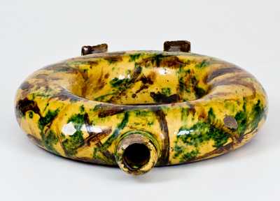 Exceptional New England / New York State Redware Ring Flask w/ Multi-Colored Slip Decoration