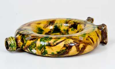 Exceptional New England / New York State Redware Ring Flask w/ Multi-Colored Slip Decoration