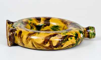Exceptional New England / New York State Redware Ring Flask w/ Multi-Colored Slip Decoration