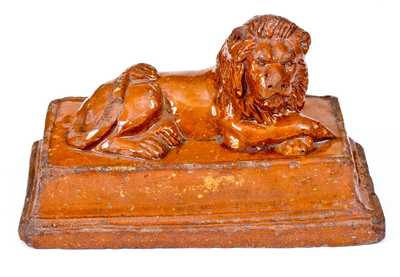 Glazed Redware Lion Doorstop, probably PA or OH origin, circa 1880