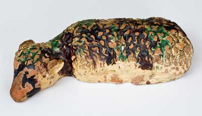 Exceedingly Rare Shenandoah Valley Multi-Glazed Redware Lamb Doorstop, Eberly, Strasburg, VA
