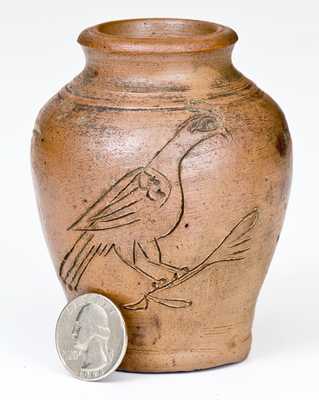 Very Rare Miniature Stoneware Presentation Jar w/ Incised Bird Decoration,