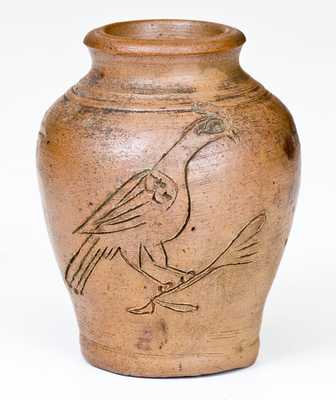 Very Rare Miniature Stoneware Presentation Jar w/ Incised Bird Decoration, 