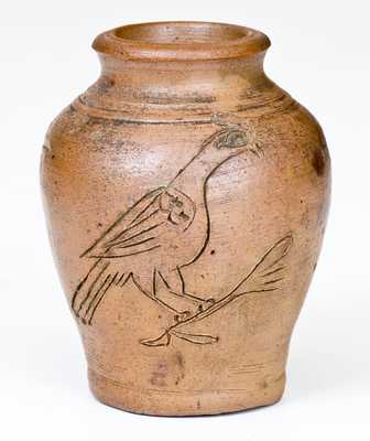 Very Rare Miniature Stoneware Presentation Jar w/ Incised Bird Decoration,