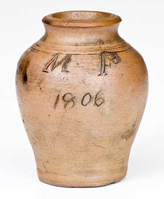 Very Rare Miniature Stoneware Presentation Jar w/ Incised Bird Decoration, 