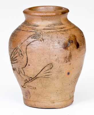 Very Rare Miniature Stoneware Presentation Jar w/ Incised Bird Decoration,