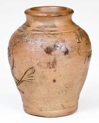 Very Rare Miniature Stoneware Presentation Jar w/ Incised Bird Decoration, 