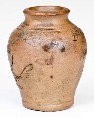 Very Rare Miniature Stoneware Presentation Jar w/ Incised Bird Decoration,