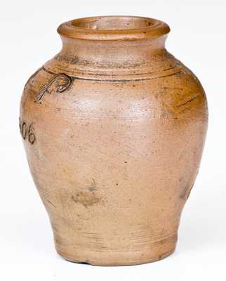 Very Rare Miniature Stoneware Presentation Jar w/ Incised Bird Decoration,