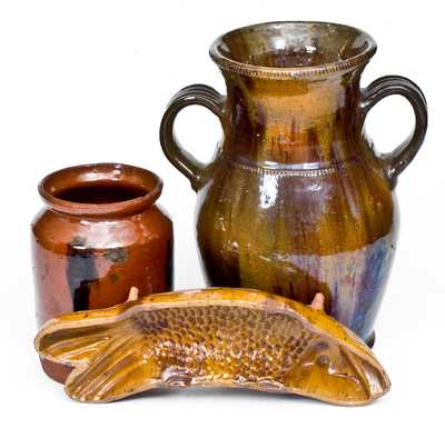 Three Pieces of Glazed Redware, American, 19th century