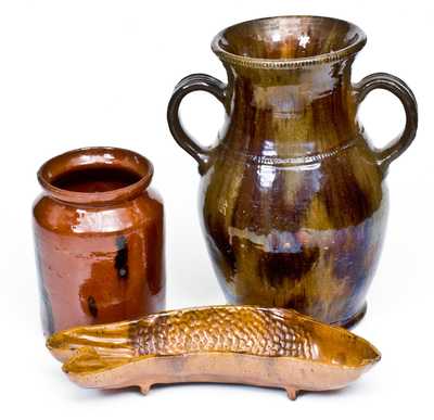 Three Pieces of Glazed Redware, American, 19th century