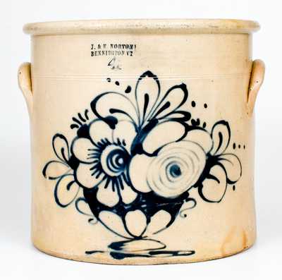 J. & E. NORTON / BENNINGTON, VT Stoneware Crock w/ Slip-Trailed Flowering Urn