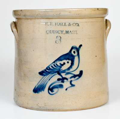 3 Gal. E. E. HALL & CO. / QUINCY, MASS. Stoneware Crock with Bird Decoration