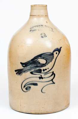 2 Gal. OTTMAN BROS. & CO. / FORT EDWARD, NY Stoneware Jug w/ Bird Decoration