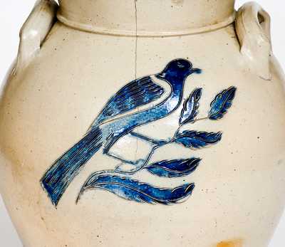 Very Fine Utica, NY Lidded Jar with Bold Incised Bird Decoration