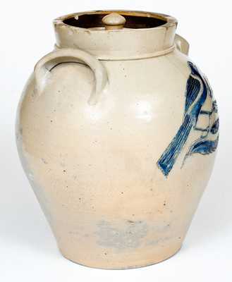 Very Fine Utica, NY Lidded Jar with Bold Incised Bird Decoration