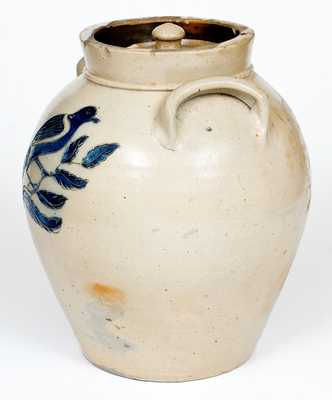 Very Fine Utica, NY Lidded Jar with Bold Incised Bird Decoration