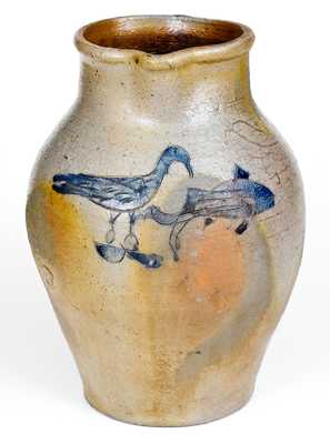 Exceptional 1 1/2 Gal. Ohio Stoneware Pitcher with Incised Bird and Fish Decoration