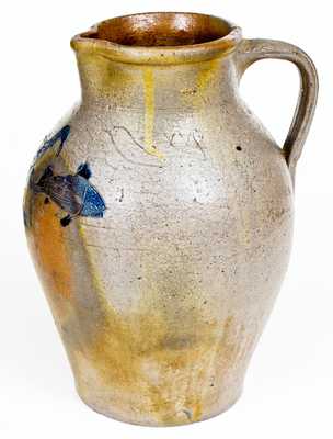 Exceptional 1 1/2 Gal. Ohio Stoneware Pitcher with Incised Bird and Fish Decoration