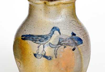 Exceptional 1 1/2 Gal. Ohio Stoneware Pitcher with Incised Bird and Fish Decoration