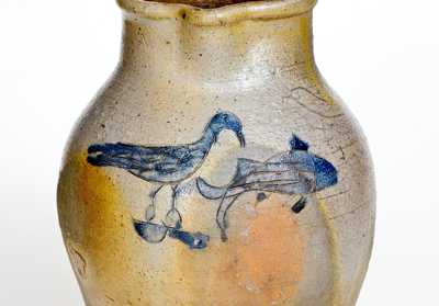 Exceptional 1 1/2 Gal. Ohio Stoneware Pitcher with Incised Bird and Fish Decoration