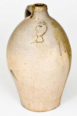 Rare Half-Gallon Ovoid Stoneware Jug with Incised Man's Head Decoration