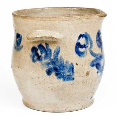 Unusual 1 Gal. Mid-Atlantic Stoneware Milkpan with Cobalt Floral Decoration
