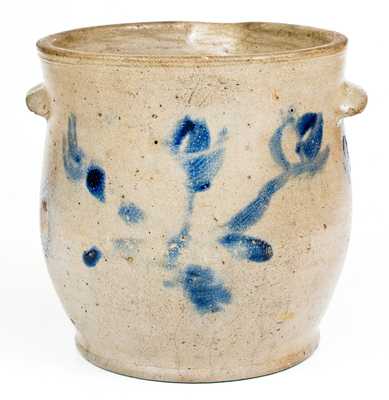 Unusual 1 Gal. Mid-Atlantic Stoneware Milkpan with Cobalt Floral Decoration