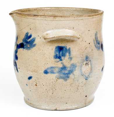 Unusual 1 Gal. Mid-Atlantic Stoneware Milkpan with Cobalt Floral Decoration