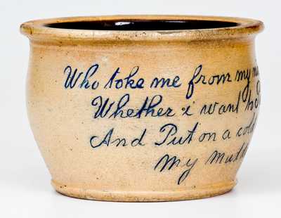 Outstanding Stoneware Child s Chamber Pot with Charming Poetic Inscription