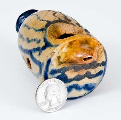 Very Unusual Stoneware Whistle with Elaborate Brushed Cobalt Decoration