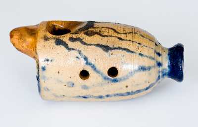 Very Unusual Stoneware Whistle with Elaborate Brushed Cobalt Decoration