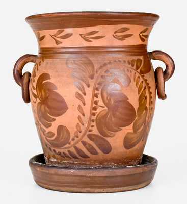 Exceptional Southwestern PA Tanware Flowerpot w/ Elaborate Decoration and Ring Handles