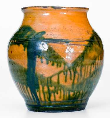 Outstanding C. A. Haun, Greene County, TN Redware Jar with Copper Slip Decoration