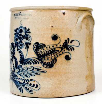 5 Gal. WM E. WARNER / WEST-TROY Stoneware Crock w/ Elaborate Slip-Trailed Decoration