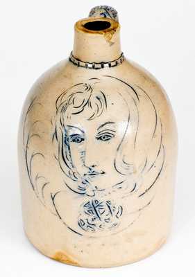 Rare Stoneware Jug with Ornate Incised Decoration of a Woman