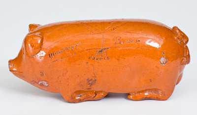 Very Unusual Redware Pig Flask with Incised Railroad Map, attributed to Wallace and Cornwall Kirkpatrick, Anna or Mound City, IL, circa 1857-1875