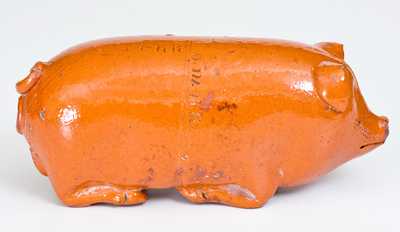 Extremely Rare Anna Pottery Redware Pig Flask with Inscribed Railroad and River Map