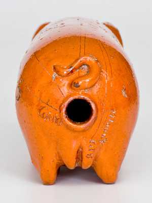 Extremely Rare Anna Pottery Redware Pig Flask with Inscribed Railroad and River Map