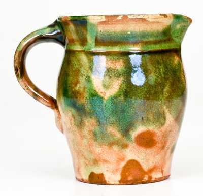 Fine Squat Multi-Glazed Redware Cream Pitcher, Strasburg, VA, circa 1890