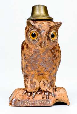 Rare Anna Pottery / 1895 Stoneware Owl Figure, "Night Operator"