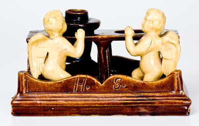 Unusual Rockingham Inkstand w/ Applied Angel Figures, possibly Ohio