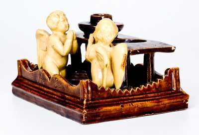 Unusual Rockingham Inkstand w/ Applied Angel Figures, possibly Ohio